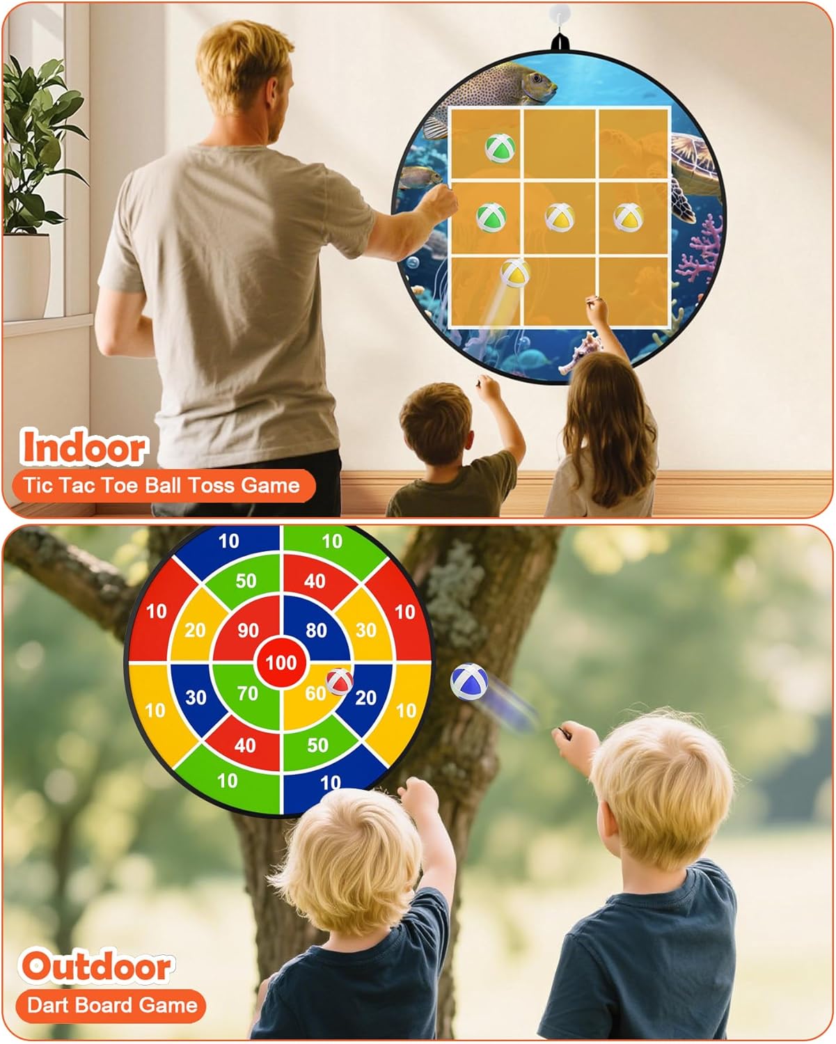 Carnival Games Set, Giant Tic Tac Toe Games, 4.5ft x 4.5ft Double-Sided, 26" Dart Board with Sticky Balls, Soft Plastic Cones Ring Toss Game Set for Kids Adults Family Outdoor Lawn Yard Birthday Party - Image 6