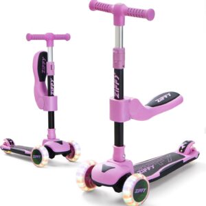 JOVA ZIFFY 2-in-1 Toddler Scooter with Seat, 3 Wheel Scooter for Kids 3-5 6-12, Foldable Light-Up Kid Scooters for Boy Girl 110 Lbs, Anti-Slip Deck, 3 Adjustable Height Handlebar, Kids Riding Toys