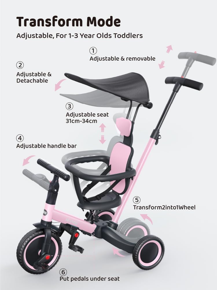 newyoo Tricycle for Toddlers 1-3, Toddler Tricycle with Push Handle and Canopy, Toddler Bike, Birthday Gift and Toys for Girl and Boy, 6 in 1 Baby Trike, Balance Bike, TR009, Pink - Image 5
