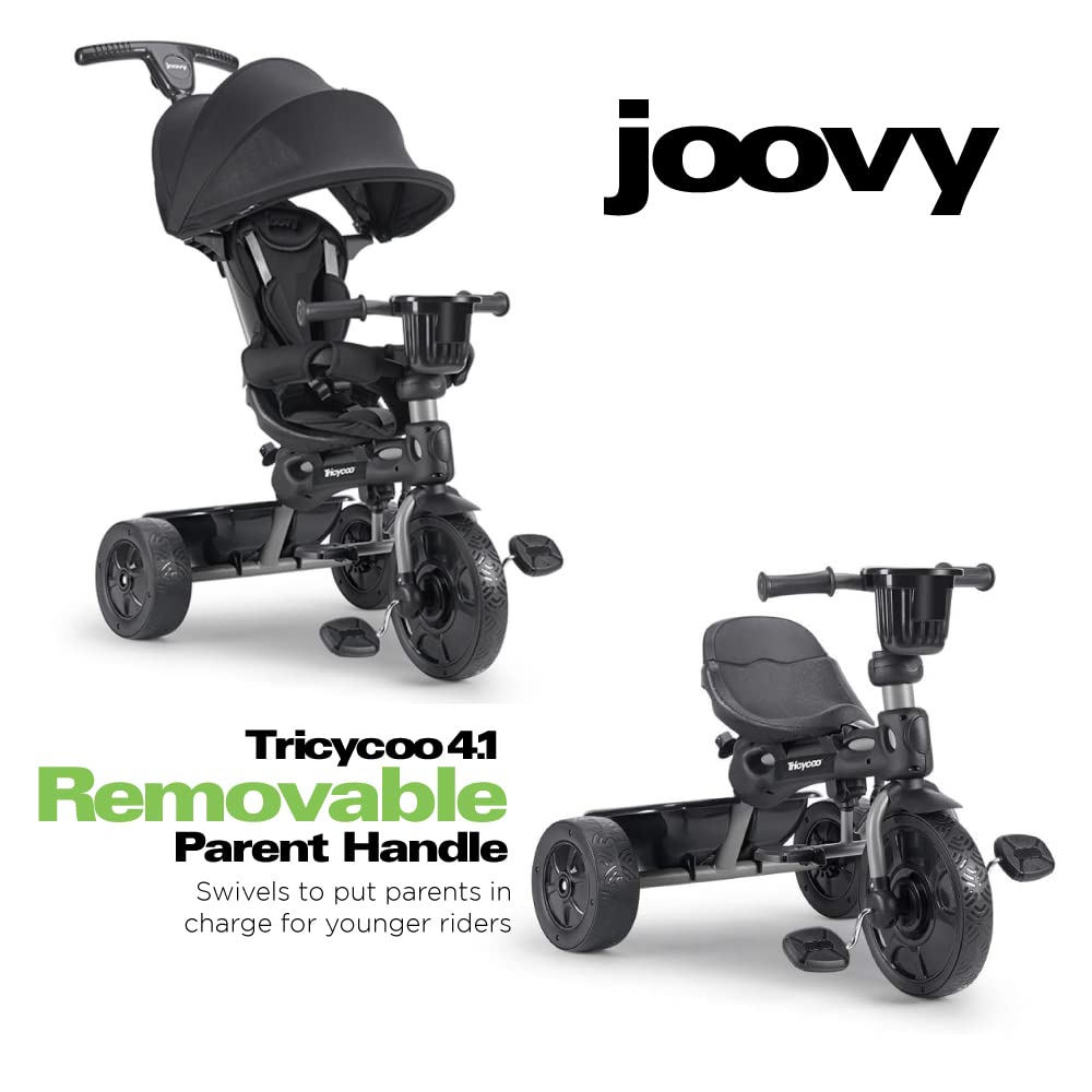 Joovy Tricycoo 4.1 Kids Tricycle with 4-Stages Featuring Extra-Wide Front Tire, Removable and Adjustable Parent Handle, Safety Harness, Machine-Washable Seat Pad, and Retractable Canopy (Black) - Image 3
