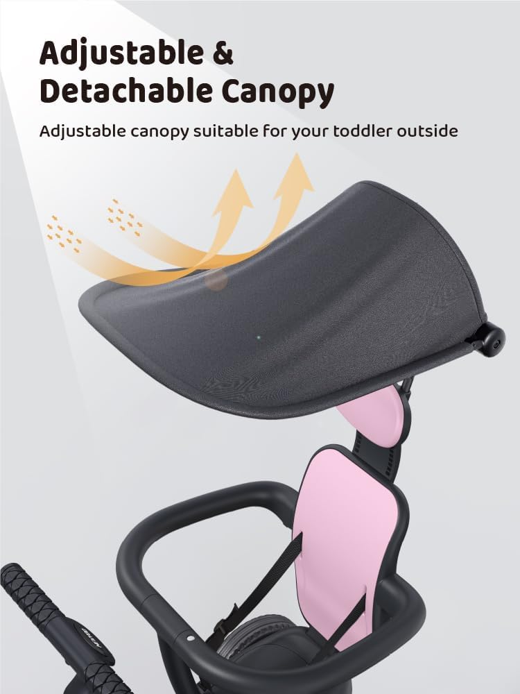 newyoo Tricycle for Toddlers 1-3, Toddler Tricycle with Push Handle and Canopy, Toddler Bike, Birthday Gift and Toys for Girl and Boy, 6 in 1 Baby Trike, Balance Bike, TR009, Pink - Image 4