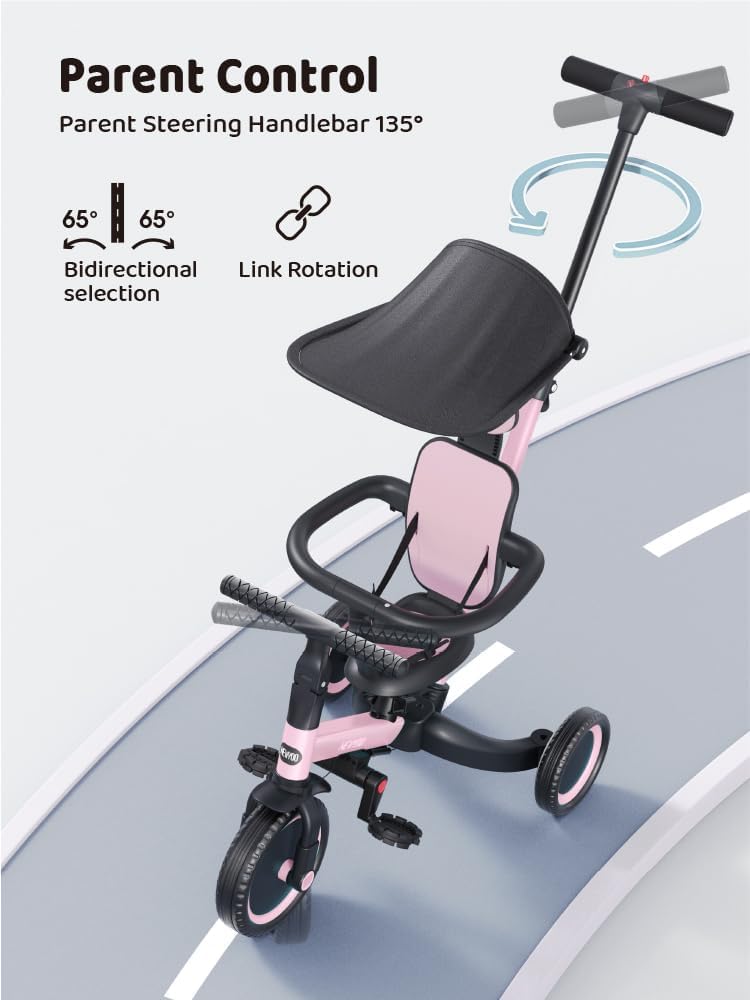newyoo Tricycle for Toddlers 1-3, Toddler Tricycle with Push Handle and Canopy, Toddler Bike, Birthday Gift and Toys for Girl and Boy, 6 in 1 Baby Trike, Balance Bike, TR009, Pink - Image 3