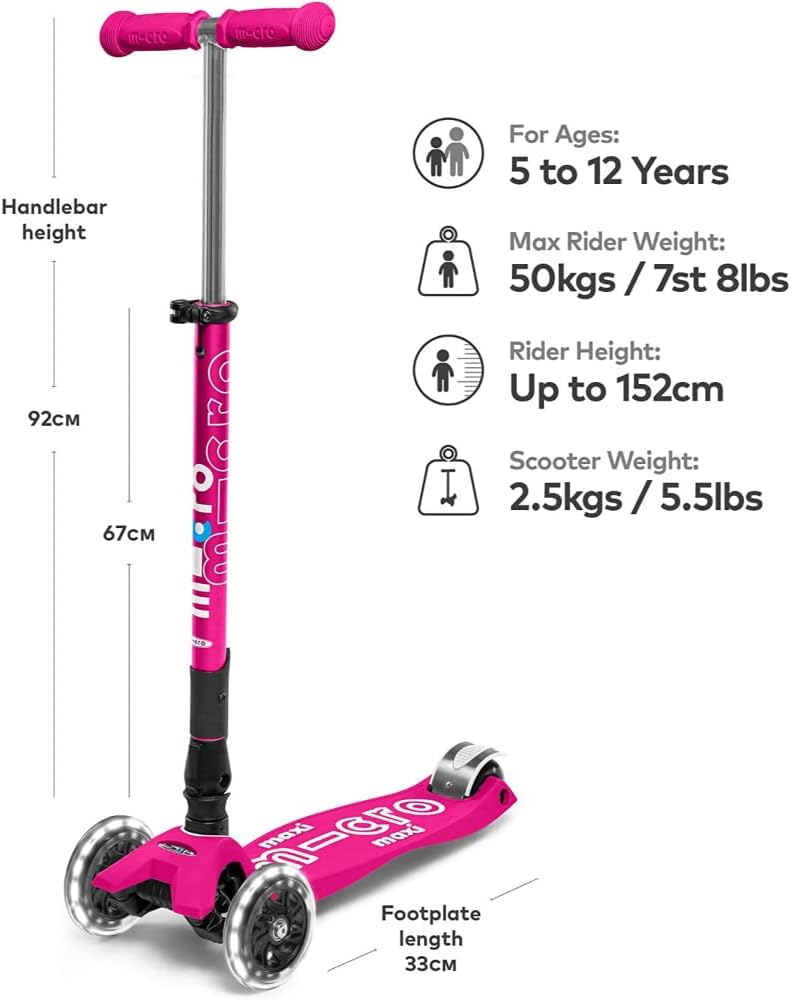 Micro Kickboard | Maxi Foldable LED Kids Scooter for Ages 5-12 | Children up to 110 lbs | 3 Wheel Lean-to-Steer Design | Adjustable T Bar | Smooth Ride, Motion Activated PU LED Wheels | Swiss Design - Image 3