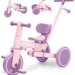 Toddler Bike with Push Handle,Tricycles for 1 to 3 Years Old, Toddler Tricycle with Push Handle for Boy Girl, Baby Balance Bike with Adjustable Seat Height and Removable Pedal (Deep Purple)