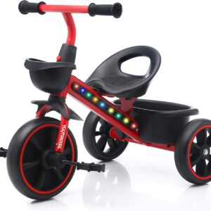 Kids Tricycle with Colorful LED Lights for Toddlers 1-3 Years, Stable 3-Wheel Design & Storage Basket for Fun Indoor Outdoor Ride, Gift for Baby Boy Girl