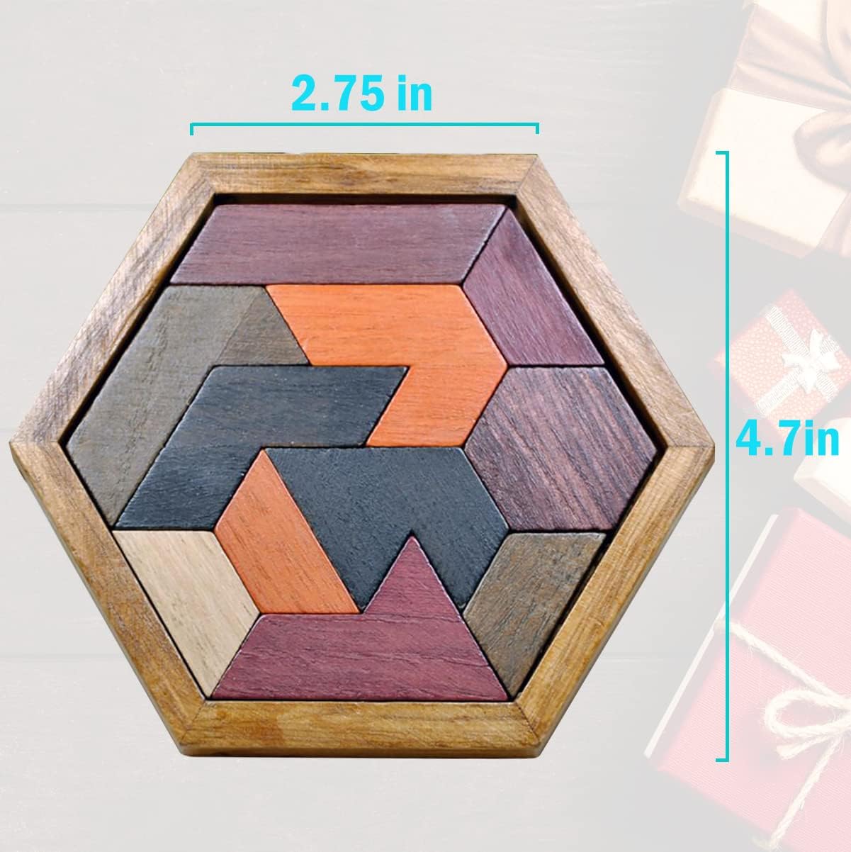 KINGOU Hexagon Tangram Puzzle Wooden Brain Puzzles for Kids & Adult Challenge Wooden Brain Teasers Puzzle Games for Family Party Gift - Brain Games for Kids - Image 4