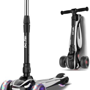 LOL-FUN Toddler Scooter for Kids Ages 3-12 Years Old Boy Girl with 3 Wheel LED Lights, Extra-Wide Childrens Foldable Kick Scooter Kids Ages 3-5 with 4 Adjustable Height and Lean-to-Steer