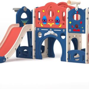 Nyeekoy 9-in-1 Castle Amusement Playground Playhouse, Indoor Outdoor Playset for Toddlers Age 1-3, Backyard Climber Play Set Slide for Kids Baby (Blue)
