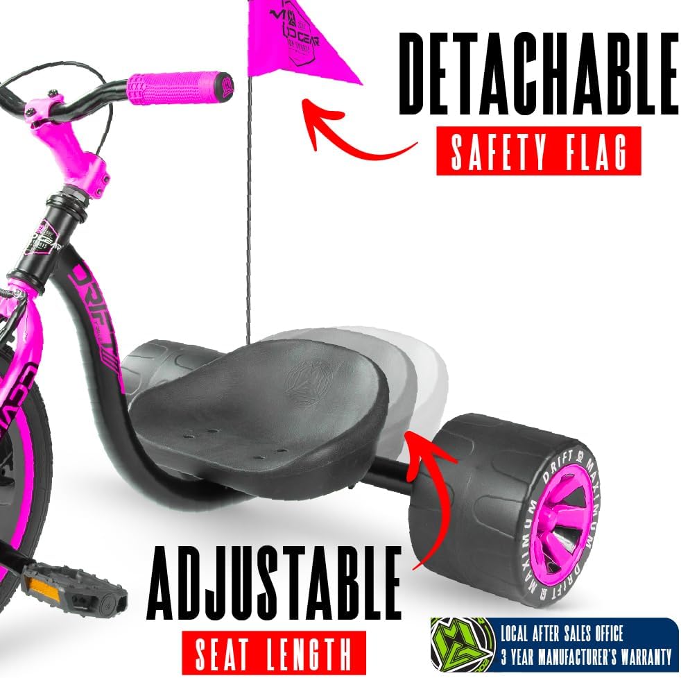 Drift Trike for Kids Ages 5+ – 16" Front Wheel Ride-On with Adjustable Seat, Steel Frame, Rear Slick Drift Wheels & Safety Flag – Madd Gear (Black/Pink) - Image 5