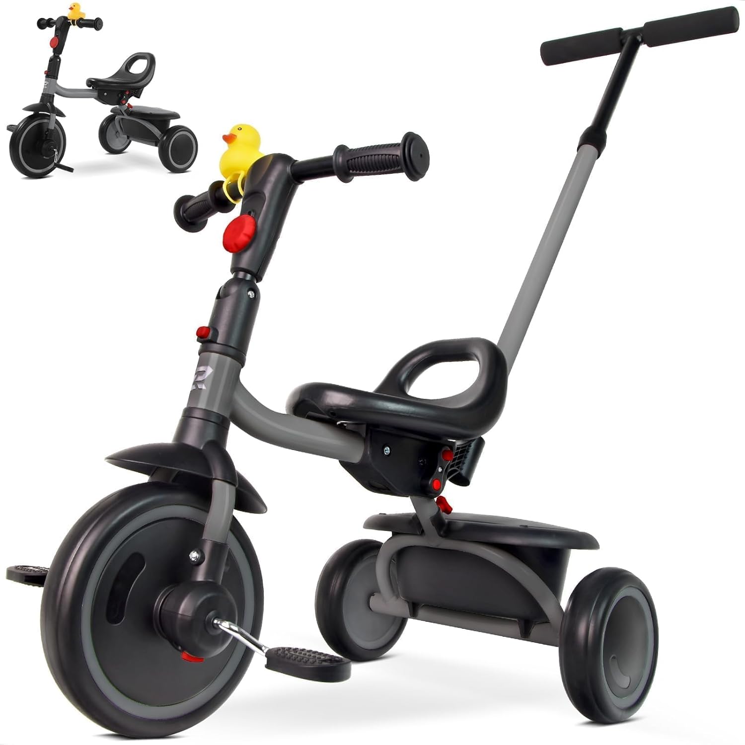 RIDYEE Tricycle for Toddlers 18 Months to 5 Years with Removable Push Handle, Tricycles for 3-5 Year Olds Ideal for On-The-Go Families, Adjustable Carry-Friendly Seat, Grey