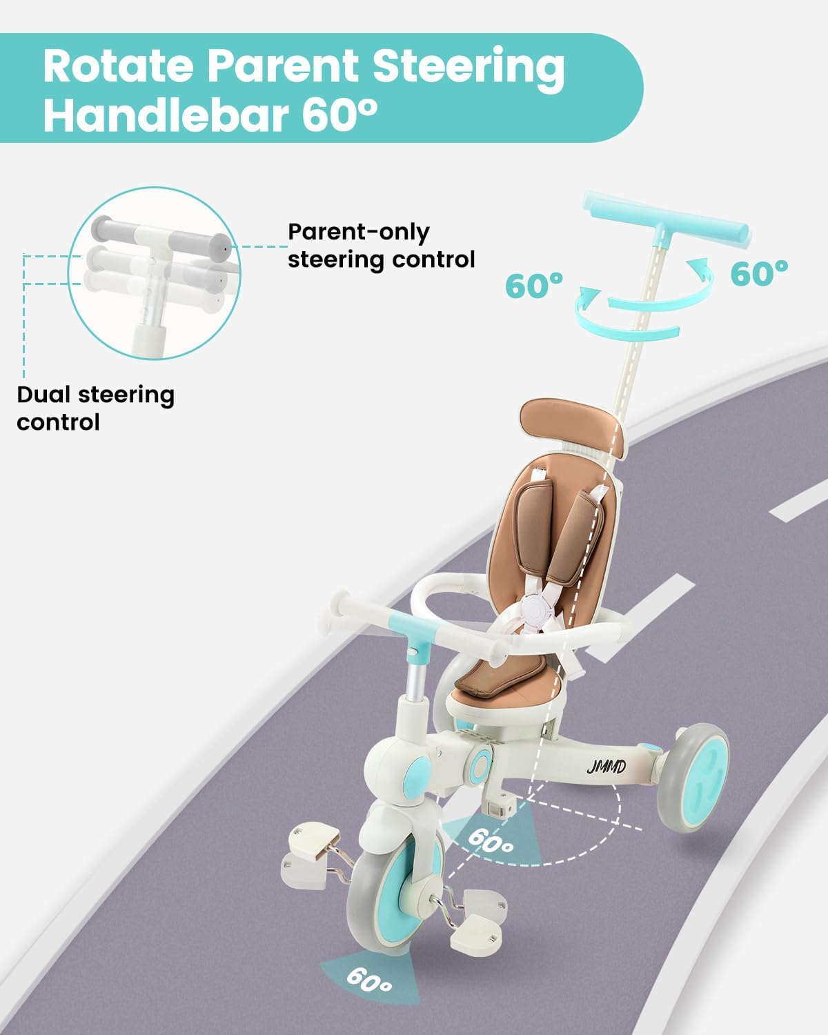 JMMD Baby Tricycle, 7-in-1 Multifunctional Kids Trike with Adjustable Parent Handle, Safety Harness & Wheel Brakes, Removable Canopy, Stroll Trike for Boys & Girls Ages 18 Months-5 Years, Mint - Image 3