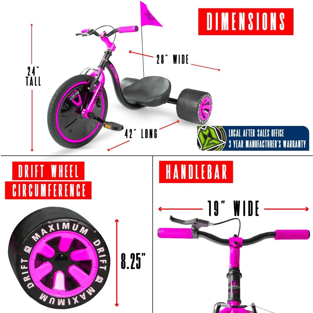 Drift Trike for Kids Ages 5+ – 16" Front Wheel Ride-On with Adjustable Seat, Steel Frame, Rear Slick Drift Wheels & Safety Flag – Madd Gear (Black/Pink) - Image 3