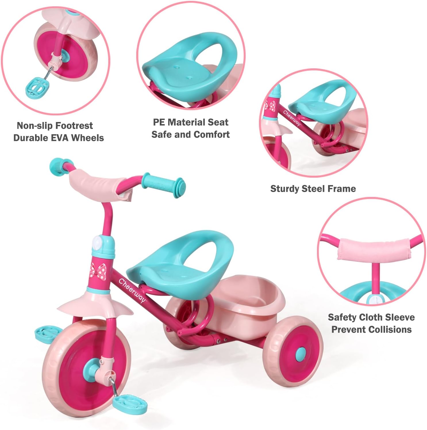 CHEERWAY Tricycle for 3-5 Year Olds, Toddler Trike, Outdoor and Indoor Riding Toy, Low-Height Seat Design, EVA Wheels, Kids Trike with Safety Cloth Sleeve, Gift for Boys and Girls (Pink) - Image 5