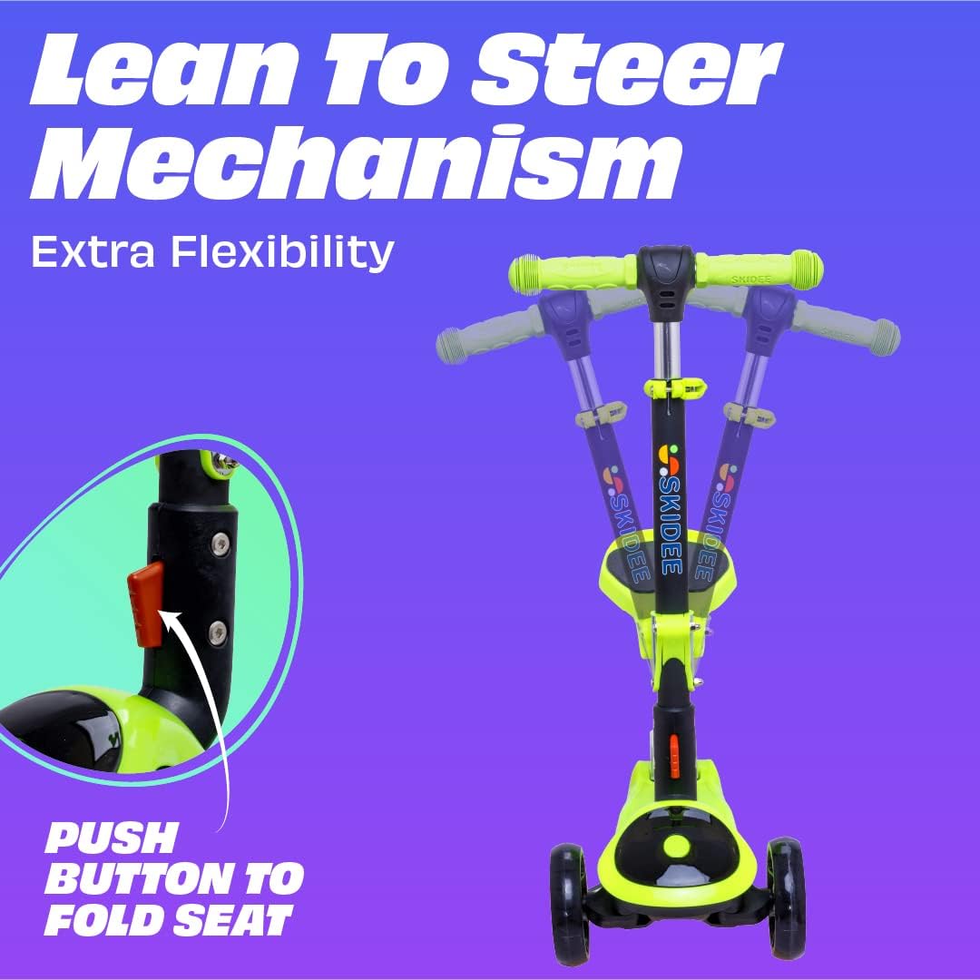 SKIDEE Kick Scooter for Kids Ages 3-5 | Foldable 3 Wheel Scooter with Lean-to-Steer, Adjustable Height, Removable Seat & LED Light Wheels | Toddler Scooter Up to 12 Year Old Boys/Girls - Image 4