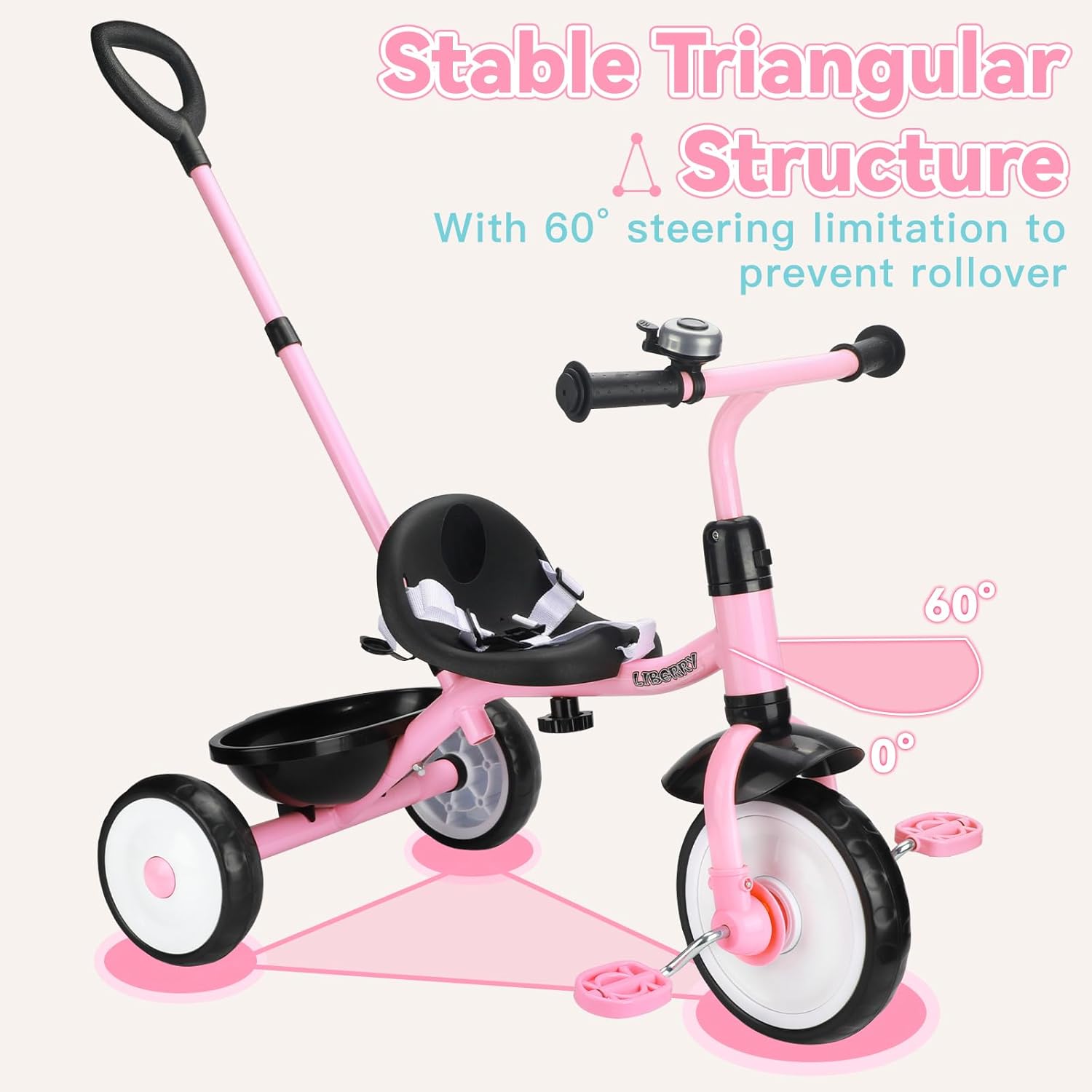 Liberry 2 in 1 Toddler Tricycle Age 2 3 4 Years Old, Kids Trike with Adjustable Push Handle, Bell & Basket, 3 Wheel Bike Riding Toy Birthday Gift for Girls Boys, Light Pink - Image 4