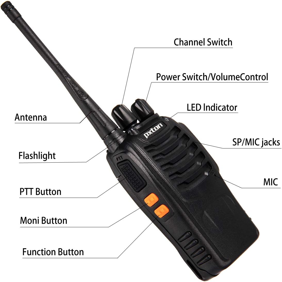 pxton Walkie Talkies Rechargeable Long Range Two-Way Radios with Earpieces,2-Way Radios UHF Handheld Transceiver Walky Talky with Flashlight Li-ion Battery and Charger(2 Pack) - Image 5