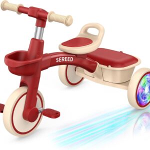 SEREED Colorful Lighting Toddler Tricycle for 2-5 Years Old Boys Girls, Adjustable Seat&Handlebar Trike, Removable Basket, Birthday Gift Idea for Kids Ages 2+ (Red)