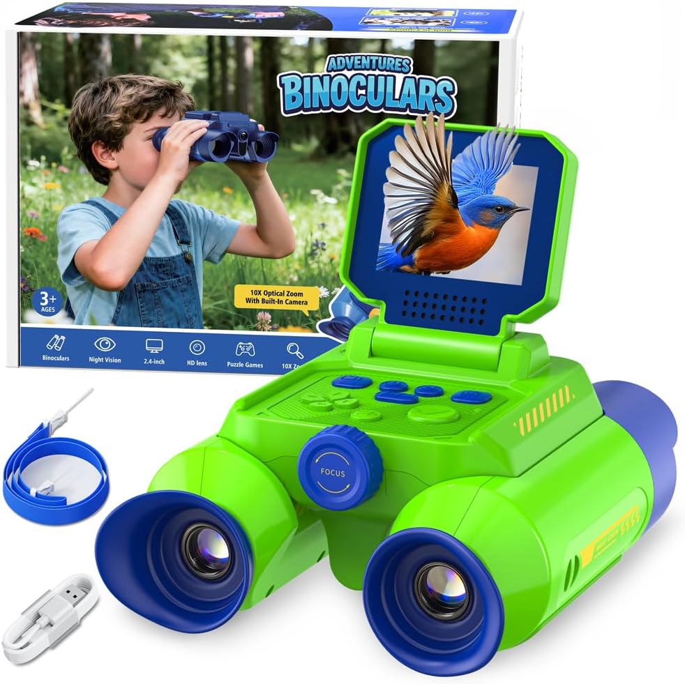 Binoculars for Kids with Night Vision, 2.4″ HD Screen & 10X Zoom for Photo and Video – Outdoor Adventure Binoculars Bird Watching, Camping, Hiking, Gifts for Kids Ages 4+ (Green)