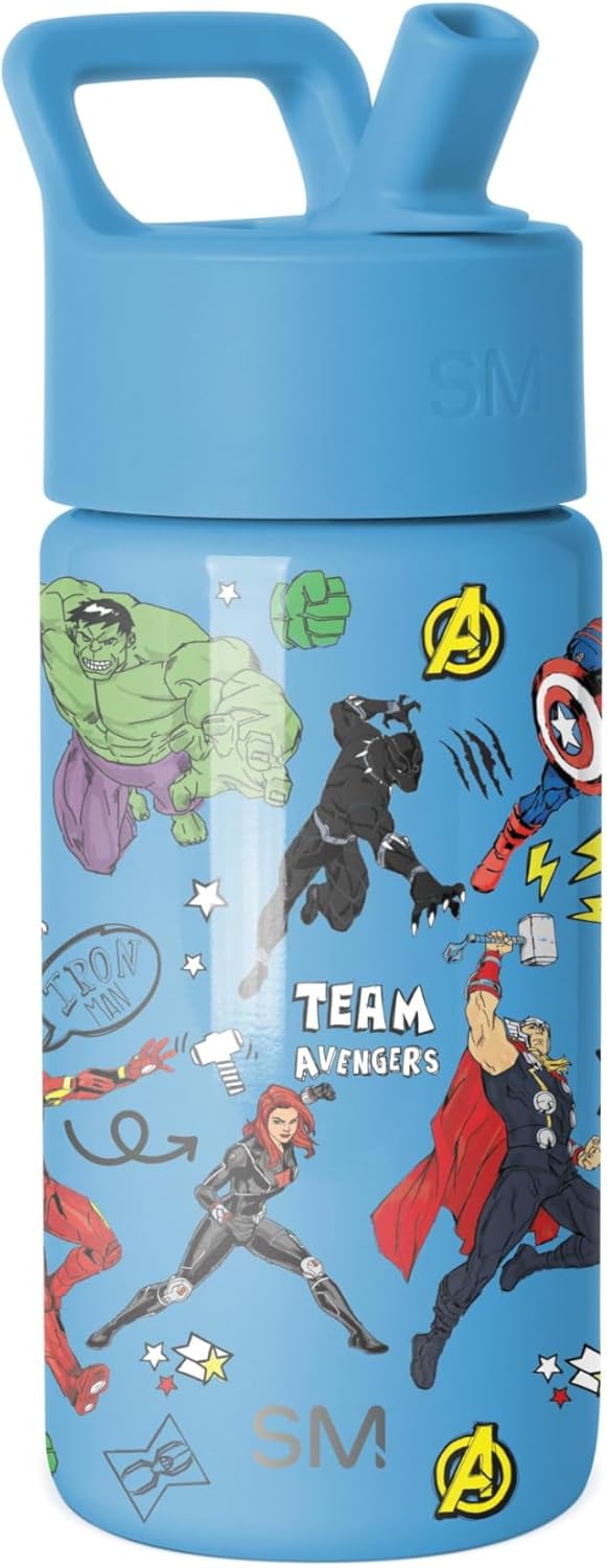 Simple Modern Marvel Avengers Kids Water Bottle with Straw Lid | 14oz Insulated Stainless Steel Kids Tumbler & Spill Proof Toddler Cup for School, Girls, Boys | Summit | Avengers Heroes