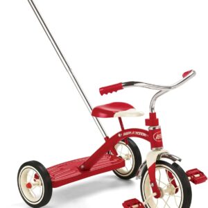 Radio Flyer 34TX Kids Beginner Classic Steel Framed 10 Inch Front Wheel Adjustable Seat Tricycle with 3 Position Push Handle, Red