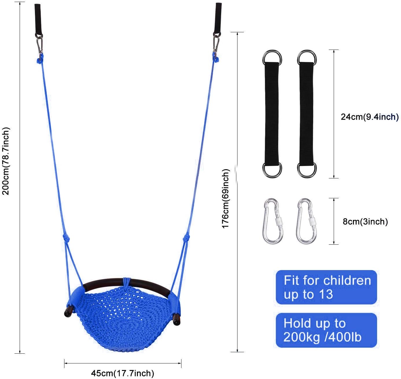 Swing Seat for Kids Heavy Duty Rope Play Secure Children Swing Set,Perfect for Indoor,Outdoor,Playground,Home,Tree,with Snap Hooks and Swing Straps,440 lbs Capacity,Blue - Image 3