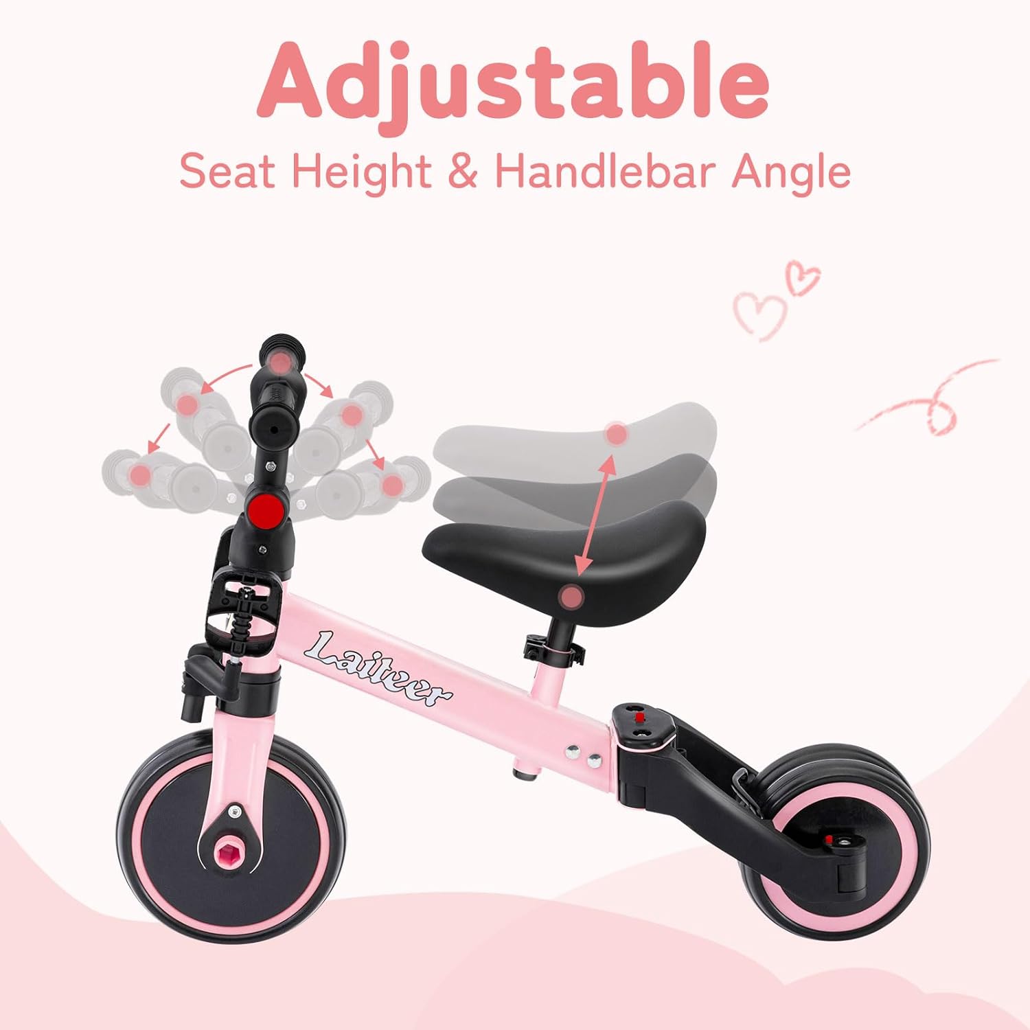 3 in 1 Tricycle for Toddler Age 2-5 Years Old, Folding Kids Balance Bike with Adjustable Seat & Removable Pedal, Indoor Outdoor Ride-on Toys for Infant, Baby Trike for Boy and Girl, Pink - Image 3