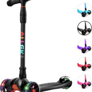 Allek Kick Scooter B02, Lean ‘N Glide Scooter with Extra Wide PU Light-Up Wheels and 4 Adjustable Heights for Children from 3-12yrs (Black)