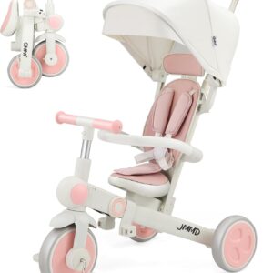 JMMD Baby Tricycle, 7-in-1 Foldable Kids Trike with Adjustable Parent Handle, Safety Harness & Wheel Brakes, Removable Canopy, Stroll Trike for Boys & Girls Ages 18 Months-5 Years, Pink