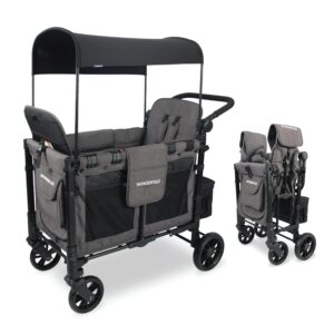 WonderFold W2 Elite Stroller Wagon – Foldable Wagon with Steel Frame – Adjustable Canopy & Push Handle – All-Terrain Wheels – for Babies, Toddlers & Kids – 2 Seater – Gray