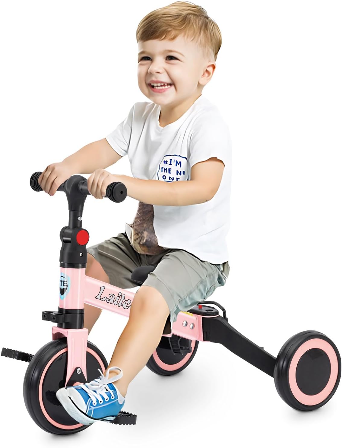 3 in 1 Tricycle for Toddler Age 2-5 Years Old, Folding Kids Balance Bike with Adjustable Seat & Removable Pedal, Indoor Outdoor Ride-on Toys for Infant, Baby Trike for Boy and Girl, Pink