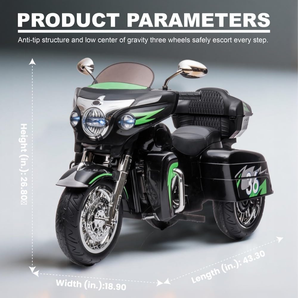 Kids Motorcycle | 12V Electric Motorcycle for Kids Ages 3-8 | 2-Seat, 3-Wheel Toy Car with Bluetooth, LED Lights | Safe Toy Vehicle Gift (Black) - Image 2