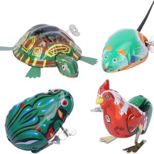 Toyvian 4Pcs Vintage Tin Toys Clockwork Toys Metal Clockwork Spring Wind up Metal Jumping Animal Rooster Turtle Interesting (Random Style and Color)
