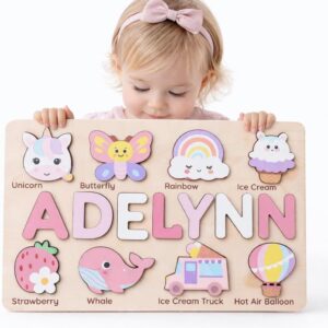 Personalized Name Puzzle for Toddlers 1-3 | Custom Wooden Baby Girl Gift with 48 Animal Art Sets | 1st Birthday Gift for Girls | Personalized Baby Boy & Girl Gifts Keepsake