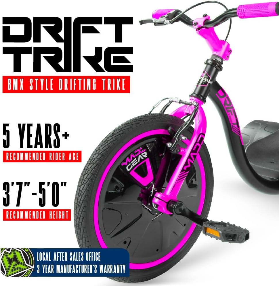 Drift Trike for Kids Ages 5+ – 16" Front Wheel Ride-On with Adjustable Seat, Steel Frame, Rear Slick Drift Wheels & Safety Flag – Madd Gear (Black/Pink) - Image 2