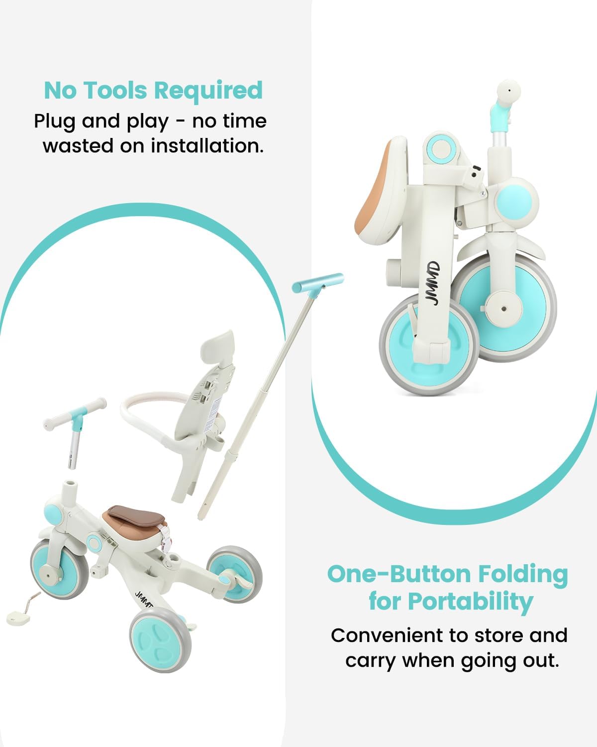 JMMD Baby Tricycle, 7-in-1 Multifunctional Kids Trike with Adjustable Parent Handle, Safety Harness & Wheel Brakes, Removable Canopy, Stroll Trike for Boys & Girls Ages 18 Months-5 Years, Mint - Image 6