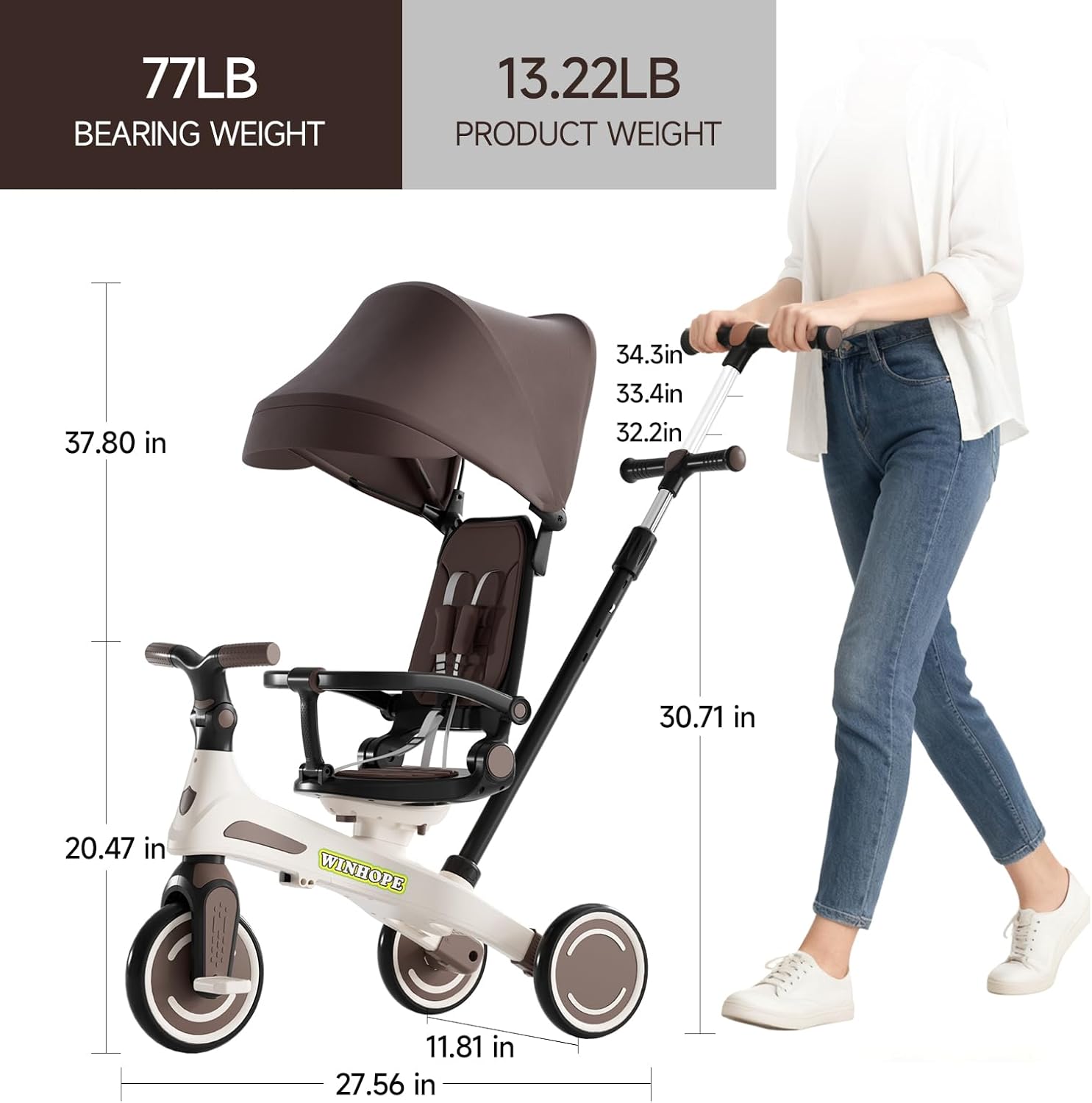 Winhope Kids Tricycle, 6 in 1 Baby's Tricycle Toddler Trike with Adjustable Push Handle, Reversible Seat and Canopy, Baby Stroller for 1-6 Year Olds, Suitable for Outdoor Activities(Coffee) - Image 2