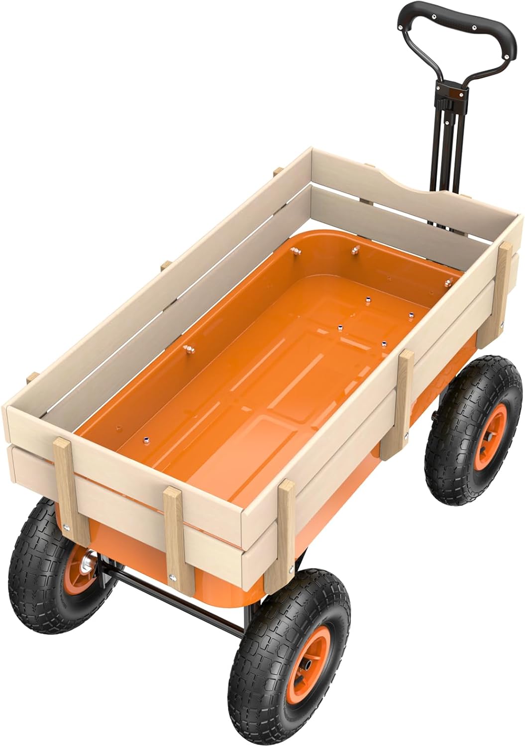 VINGLI Cargo Wagon Cart for Kids, All Terrain Wagon with Wood Railing 10-inch Pneumatic Turf Tires Children Garden Outdoor Red (Orange)