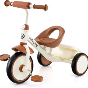 BABY JOY Toddler Tricycle, Kids Trike with Adjustable Seat and Storage Basket for Boys Girls Indoor and Outdoor Riding, Toddler Trike for Baby 3-5 Years Old (Beige)