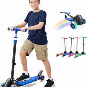 Kick Scooter for Kids Ages 6-12, LED Lighted Wheels and 3 Adjustable Height Handlebars, Kids Kick Scooter, Extra Wide Deck for Girls and Boys Blue