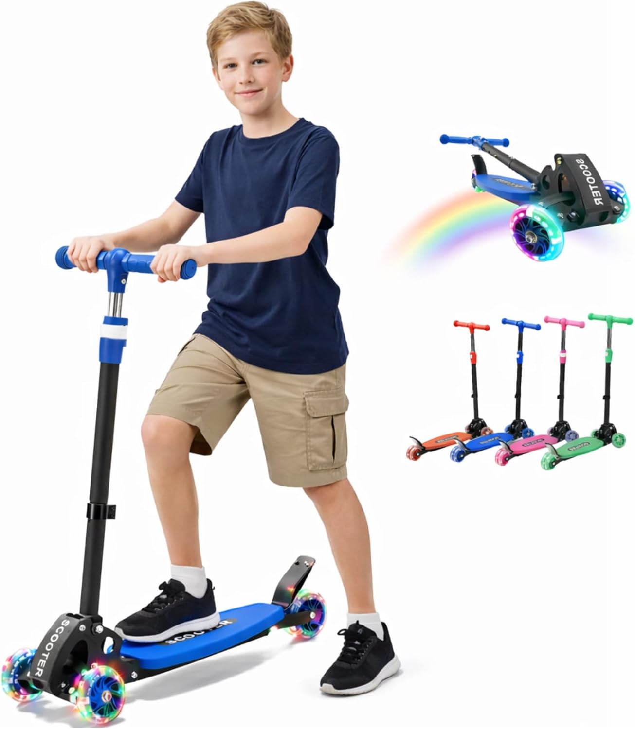 Kick Scooter for Kids Ages 6-12, LED Lighted Wheels and 3 Adjustable Height Handlebars, Kids Kick Scooter, Extra Wide Deck for Girls and Boys Blue