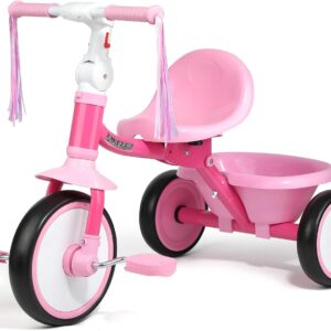 Liberry Foldable Toddler Tricycle Age 2 3 4 Years Old, Kids Trike with Adjustable Seat, Basket & Streamers, 3 Wheel Bike Riding Toy Birthday Gift for Girls Boys, Pink