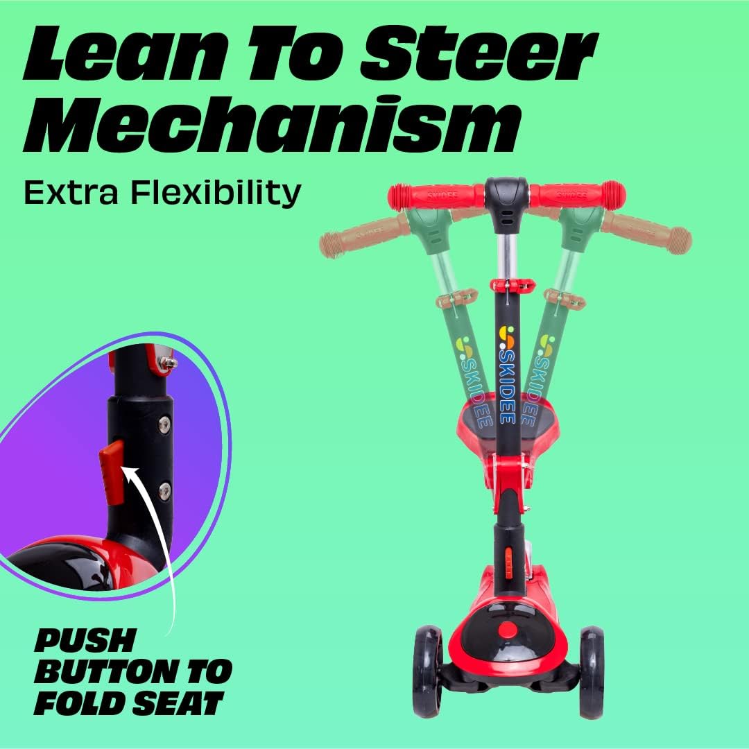 SKIDEE Kick Scooter for Kids Ages 3-5 | Foldable 3 Wheel Scooter with Lean-to-Steer, Adjustable Height, Removable Seat & LED Light Wheels | Toddler Scooter Up to 12 Year Old Boys/Girls - Image 4