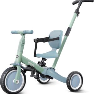 newyoo Toddler Tricycle with Push Handle for 1-3 Year Old, Toddler Bike, Birthday Gifts and Toys for Boys and Girls, 5 in 1 Kids Trike, Convert to Baby Balance Bike, Green, TR007