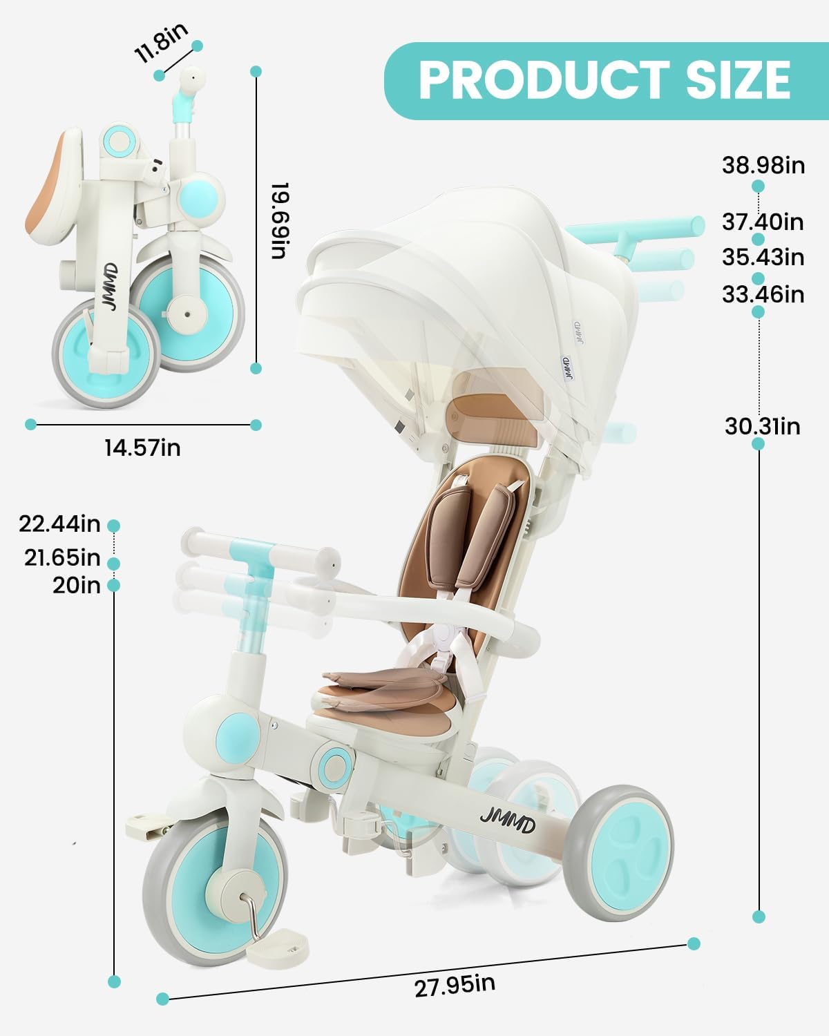 JMMD Baby Tricycle, 7-in-1 Multifunctional Kids Trike with Adjustable Parent Handle, Safety Harness & Wheel Brakes, Removable Canopy, Stroll Trike for Boys & Girls Ages 18 Months-5 Years, Mint - Image 8