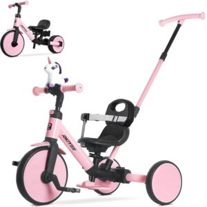 RIDYEE 5-in-1 Toddler Tricycle for Ages 1.5–5, Parent Steering Push Trike, Tool-Free Convertible to Balance Bike, Safety Belt, Removable Backrest and Footrest, Ride-On Toy for Boys & Girls, Pink