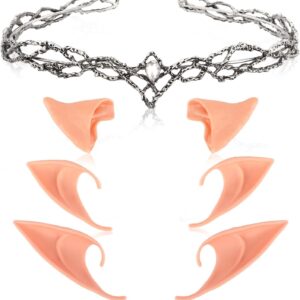 Elf Ears and Elf Crown Set Including 3Pairs Soft Fairy Ears Rhinestone Fairy Crown Reneaissance Accessories for Cosplay