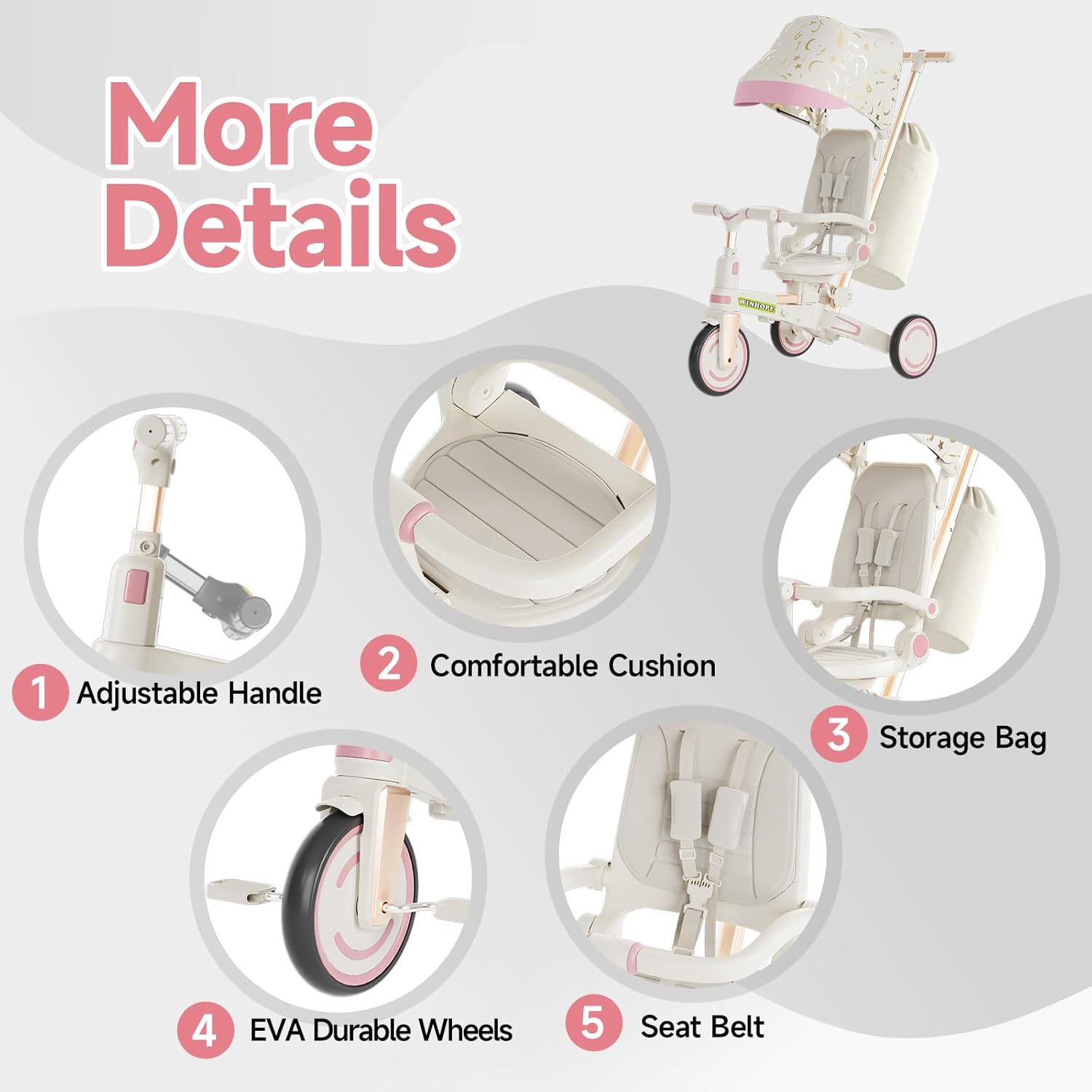 WinHope 9-in-1 Push Tricycle for Toddlers 1-3 Years, Convertible Kids Trike with Push Handle & Safety Belt, One-Client Foldable Design + Storage Basket, Birthday Gift and Toy for Boys and Girls(Pink) - Image 5