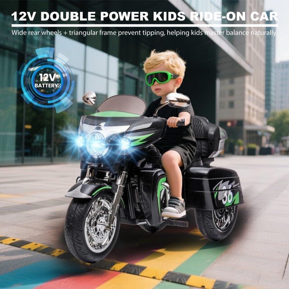 Kids Motorcycle | 12V Electric Motorcycle for Kids Ages 3-8 | 2-Seat, 3-Wheel Toy Car with Bluetooth, LED Lights | Safe Toy Vehicle Gift (Black) - Image 5