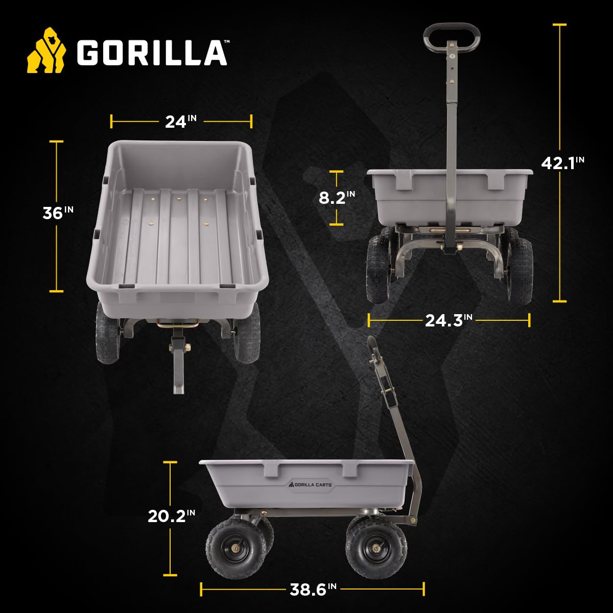 Gorilla Carts Heavy-Duty Poly Dump Cart, 5 Cu Ft Tub, 800 lb Haul Capacity, Gray – Towable Utility Wagon with Quick-Release Dumping & Pneumatic Tires for Yard, Landscaping and Gardening - Image 4