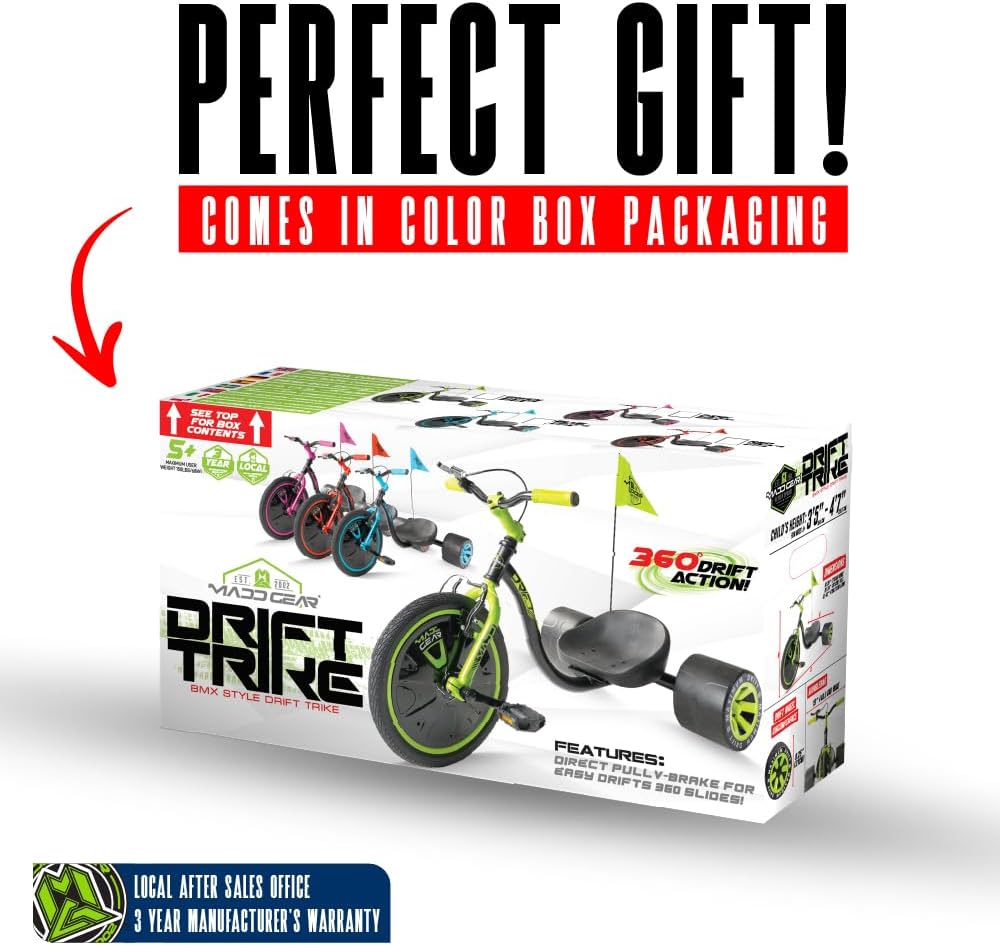 Drift Trike for Kids Ages 5+ – 16" Front Wheel Ride-On with Adjustable Seat, Steel Frame, Rear Slick Drift Wheels & Safety Flag – Madd Gear (Black/Pink) - Image 7